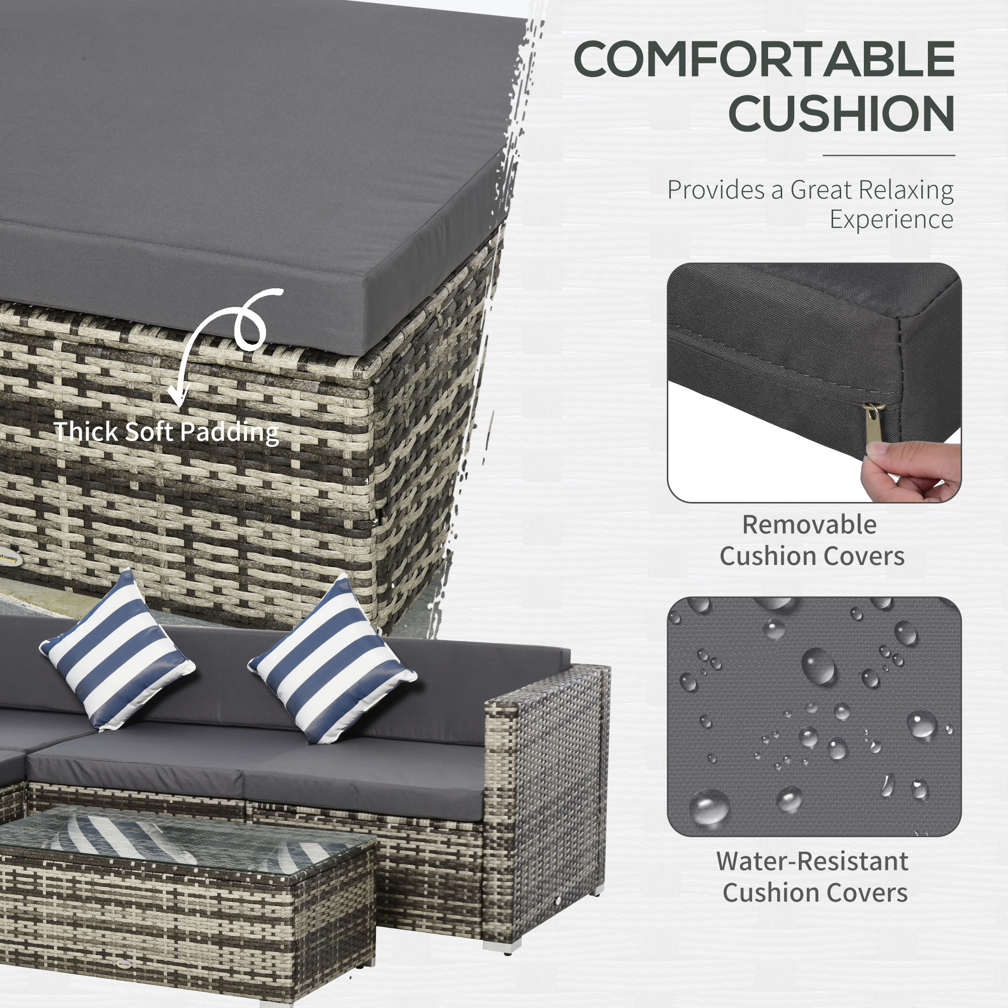 Rattan Garden Sofa Set, 4-Seater Wicker Sectional For Garden, Grey - Image 4