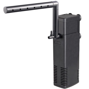 038b5117-fabb-40a9-bc8e-c1726fd8c24d-3jpg - Aquassi Ltd | Award-winning Aquarium Design & Aquascaping Black Aquarium Filter with a Vertical Canister and a Long Perforated Spray Bar Extending to the Left.
