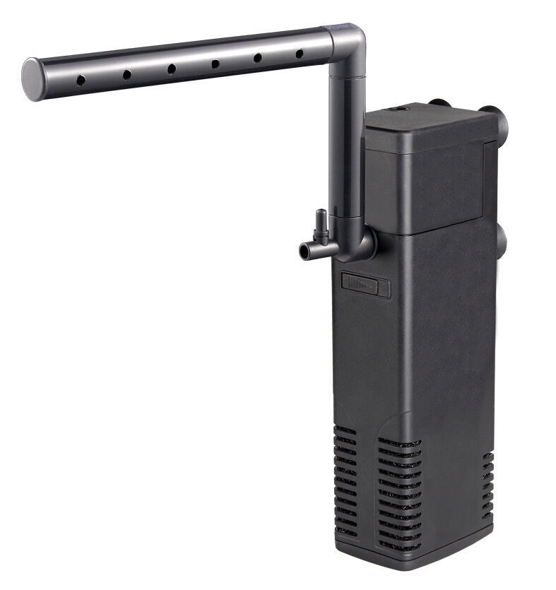 038b5117-fabb-40a9-bc8e-c1726fd8c24d-3jpg - Aquassi Ltd | Award-winning Aquarium Design & Aquascaping Black Aquarium Filter with a Vertical Canister and a Long Perforated Spray Bar Extending to the Left.