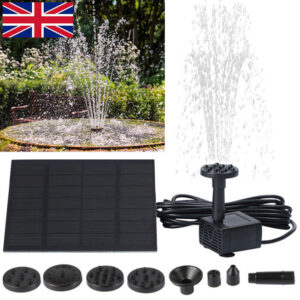 Solar-powered garden fountain kit with panel, pump, and multiple nozzle heads for outdoor water display, with a UK flag in the corner.