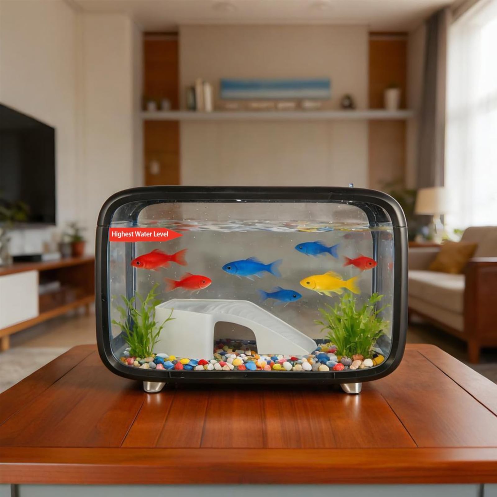 11cbe7ed-0741-444a-8ded-37980a69edeb-2jpg - Aquassi Ltd | Award-winning Aquarium Design & Aquascaping Small Fish Tank on a Wooden Table with Colorful Tropical Fish and a 'highest Water Level' Label Inside the Tank; Living Room Backdrop Blurred.