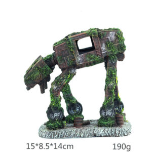 Four‑legged Mossy Toy Mech Model on a Rocky Base; Overall Size 15×8.5×14 Cm and Weight 190 G.