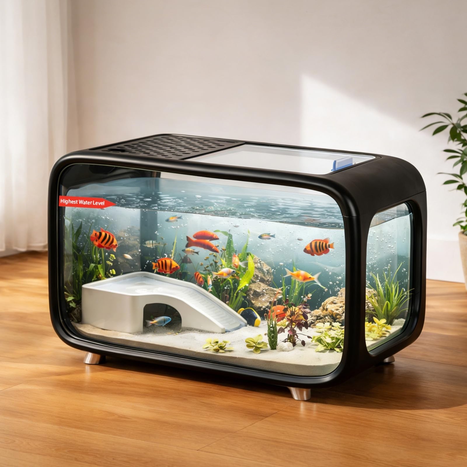 23617a9b-0aea-4f26-b8fc-03c50b4aff3e-4jpg - Aquassi Ltd | Award-winning Aquarium Design & Aquascaping Rectangular Black-framed Fish Tank on a Wooden Floor, Filled with Colorful Tropical Fish, Plants, and a White Filtration Basin Inside.