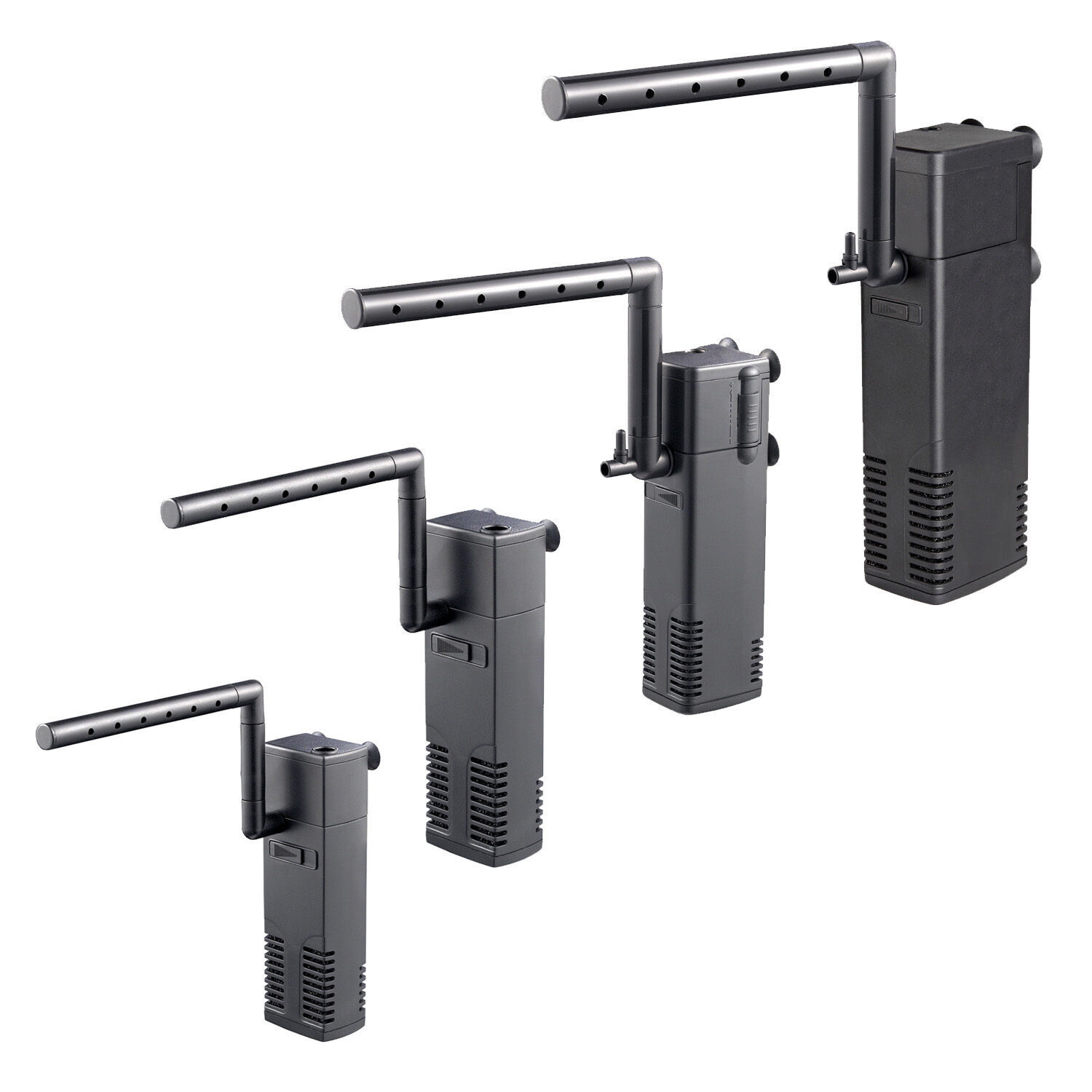 33e39ebf-1b97-4195-970b-cbd3461dab8d-1jpg - Aquassi Ltd | Award-winning Aquarium Design & Aquascaping Four Black Vertical Aquarium Co2 Diffusers with Horizontal Perforated Arms and Side Fittings, Shown at Varying Heights for Scale and Configuration.