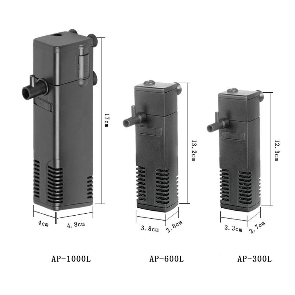 371266c7-edfb-40de-87d5-e48df54fa352-1jpg - Aquassi Ltd | Award-winning Aquarium Design & Aquascaping Set of Three Submersible Aquarium Pumps—ap-1000l, Ap-600l, and Ap-300l—with Height and Base Dimensions Shown on the Image.