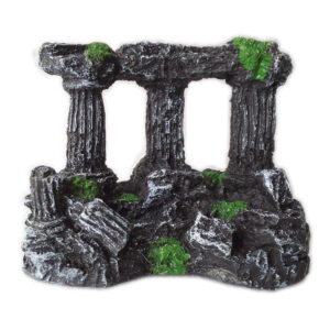 Aquarium ornament depicting a black stone ruin with three columns and green moss, designed for underwater use.