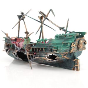 Toy Pirate Ship Model with a Teal Hull and Jagged, Broken Masts on a White Background.