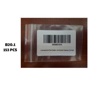 Resealable plastic bag with a barcode label on a wooden surface; appears to contain aquarium plant seeds.