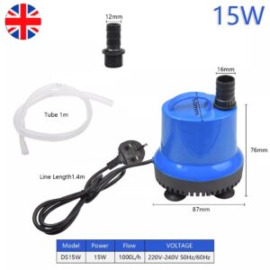 Blue 15W submersible water pump with 1m tubing, 87mm base and 76mm height; includes 12mm and 16mm adaptors and 1.4m power cord. Not for text.