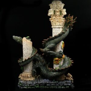 Dark Green Dragon Sculpture Coiled Around Weathered Stone Columns on a Rocky Base Against a Black Background.