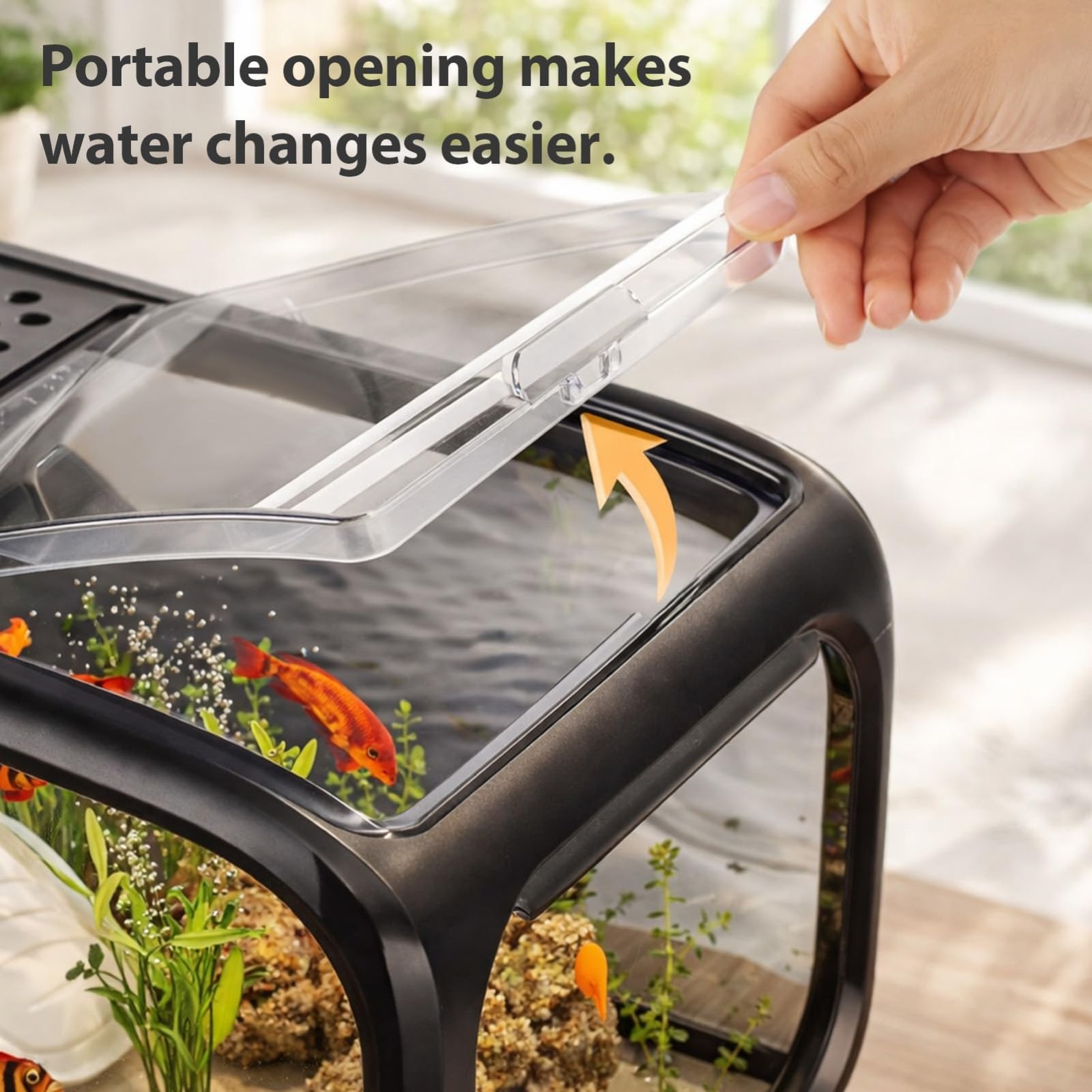 840bf48a-4f44-429d-b7b8-4043d4ccb722-2jpg - Aquassi Ltd | Award-winning Aquarium Design & Aquascaping Close-up of a Hand Sliding Open a Transparent Aquarium Lid to Facilitate a Water Change, with a Planted Tank Inside.