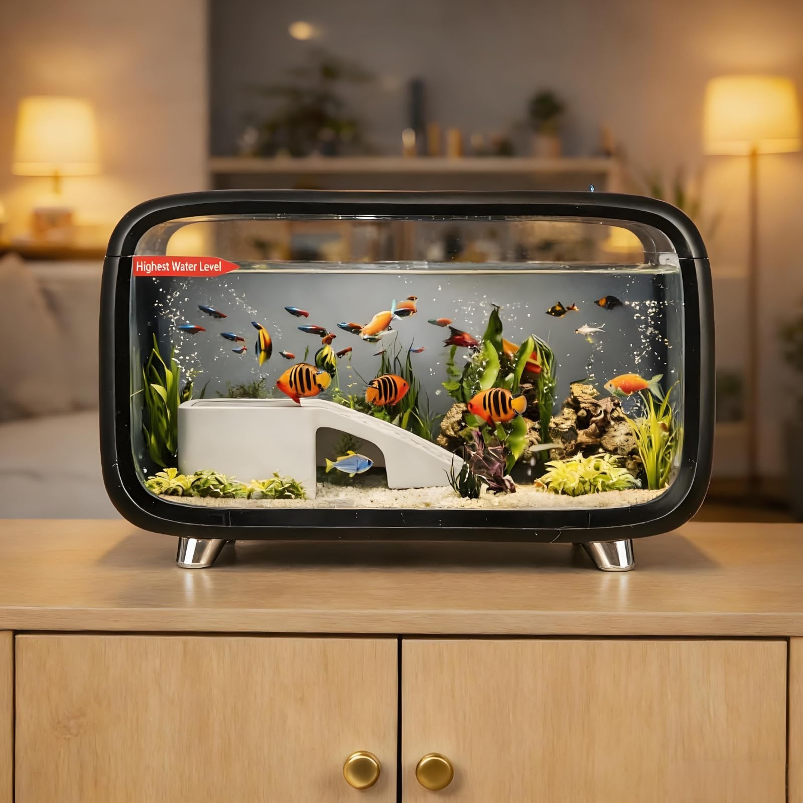 8e62d081-8e8a-4f63-81db-3f1c9ab8974a-2jpg - Aquassi Ltd | Award-winning Aquarium Design & Aquascaping Small Black-framed Tabletop Fish Tank on a Wooden Cabinet, with Colorful Tropical Fish and Aquatic Plants in a Living Room Setting.