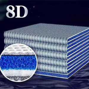 8D mattress with blue-and-white layered foams and lattice cover; close-up shows a blue memory foam layer.