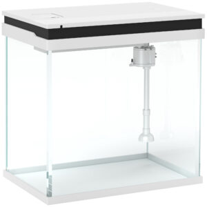 Empty Rectangular Glass Aquarium on a White Stand with a White Top Hood; Internal Filtration Plumbing Visible Inside the Tank.