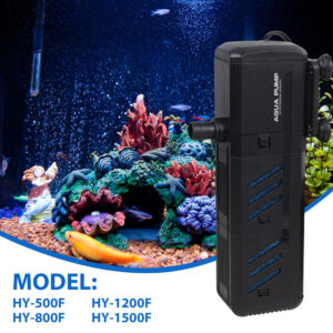 Black aquarium air pump placed beside a colorful reef tank, with model options HY-500F, HY-800F, HY-1200F, HY-1500F shown on the image.