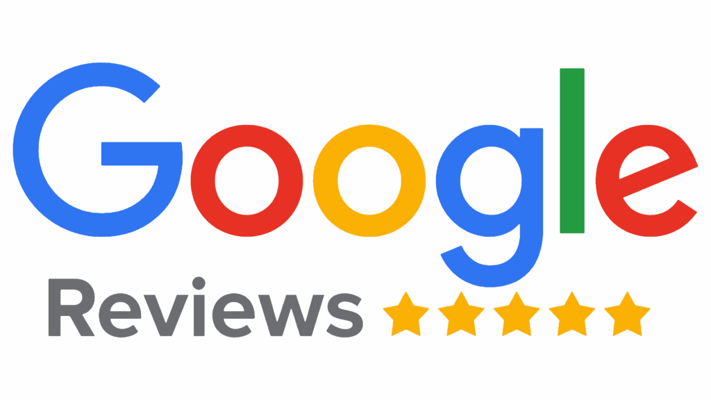 Google Reviews Badge: Colorful Google Logo on a Red Background with a Row of Gold Stars Below.