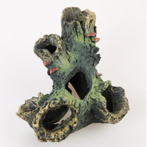 Green, coral-like ceramic aquarium ornament with multiple holes and tunnels for fish to swim through.