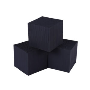 Three dark blue–black textured cubes stacked in a small pyramid shape.