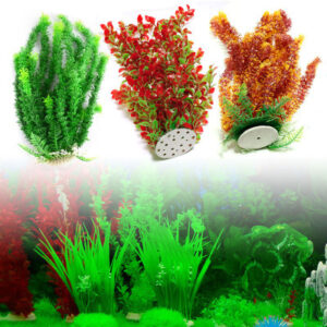 Three colorful artificial aquarium plants with white disk bases stand on a white backdrop; a bright green underwater foreground is visible below as a display.