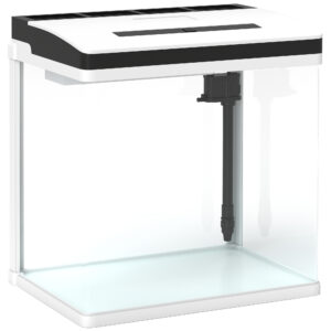 3D printer enclosure with white top and black trim, clear side panels, and an internal vertical guide rail visible inside.