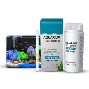 Box of Aquarium Test Strips and a Bottle of Test Strips Shown Beside a Small Planted Fish Tank; Easy-to-read Packaging Visible