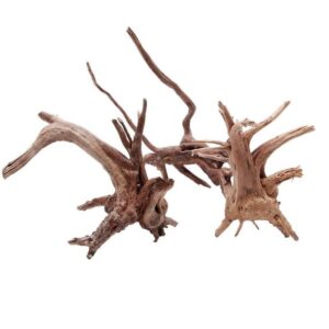 Tangled, weathered driftwood pieces with twisted branches on a white background.