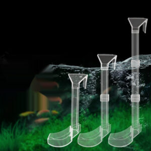 Three transparent aquarium pump attachments with curved bases and vertical tubes, set against a dark background. Submerged in a planted tank with bubbles at the water surface.