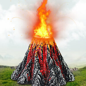 Volcano eruption with lava flowing down its sides and bright flames shooting from the crater across a grassy plain.