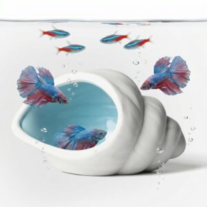 Colorful guppy fish swimming in a white ceramic bowl filled with blue water, with bubbles rising around the rim.