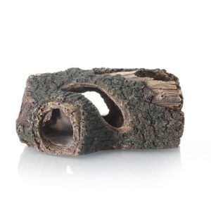 Piece of Weathered Wood or Cork with Two Hollow Circular Openings and Rough, Textured Bark on a White Background.