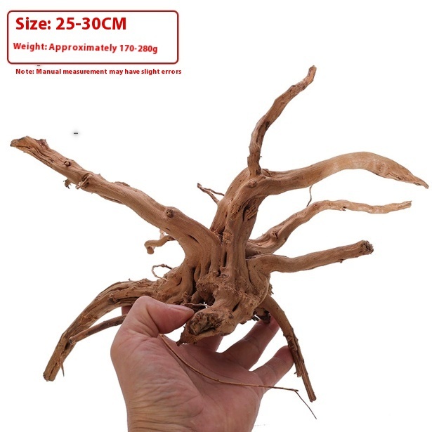 F1f2f895-501f-4de3-8798-3d004289bf10_trans-1jpeg - Aquassi Ltd | Award-winning Aquarium Design & Aquascaping Hand Holding a Gnarled Driftwood Root with Many Branches; Corner Label Shows Size 25–30 Cm and Weight ~170–280 G.